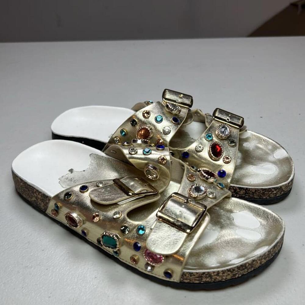 Azalea Wang Gold Embellished Rhinestone Buckle Slide Sandals Size 40